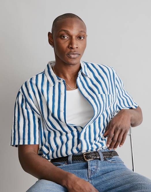 Madewell klær nordkysten menn crinkle bomull perfekt kortermet skjorte malt stripe 260F250